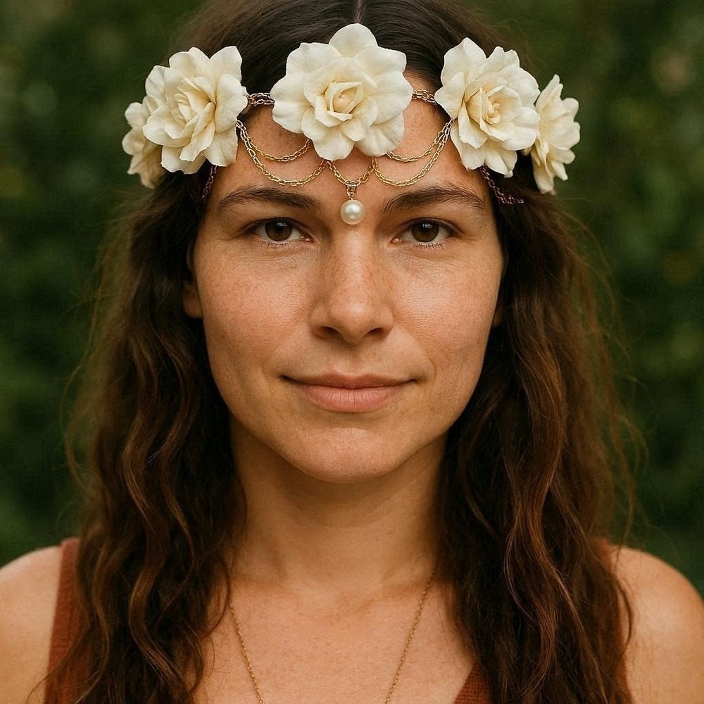 Off White Flower Crown Gold Chains Center‎ Pearl Drop Dangle Wedding Bridal